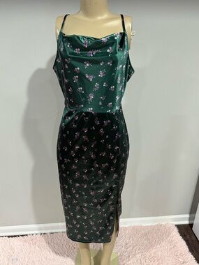 Dress size large women green floral satin maxi new tags slip dress
